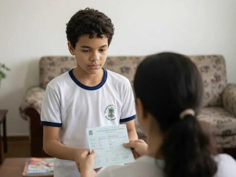 Criança entregando boletim com notas ruins para a mãe