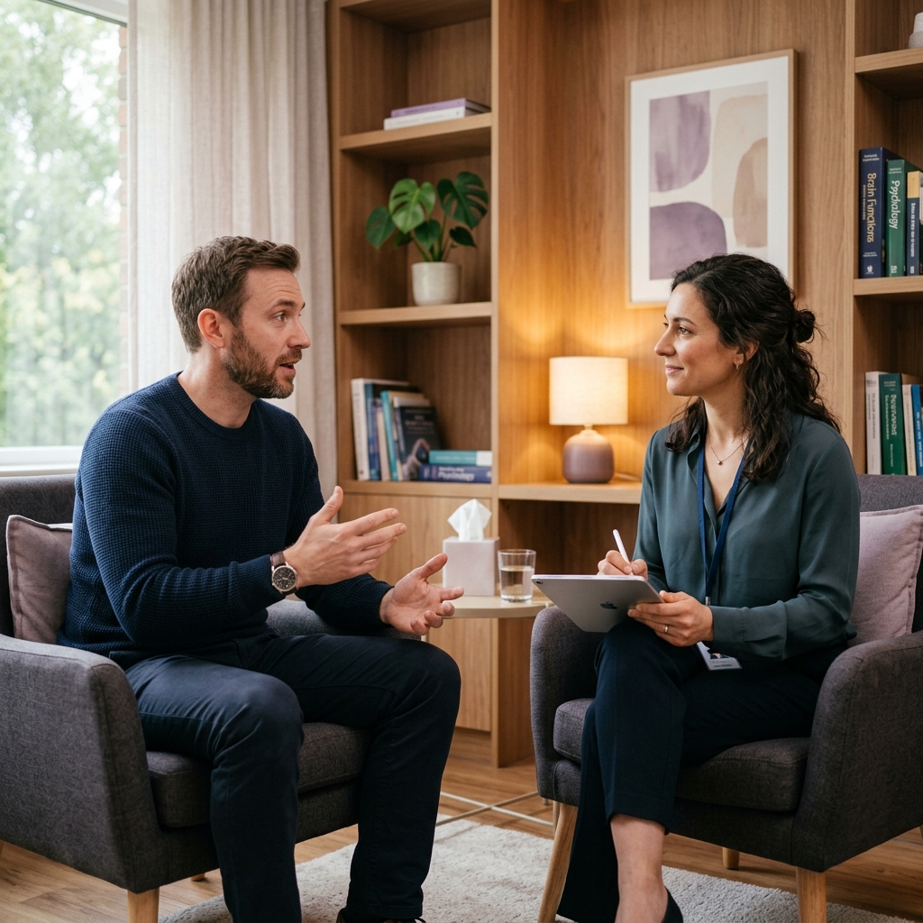 Adulto conversando de forma focada e tranquila com uma neuropsicóloga em um consultório aconchegante