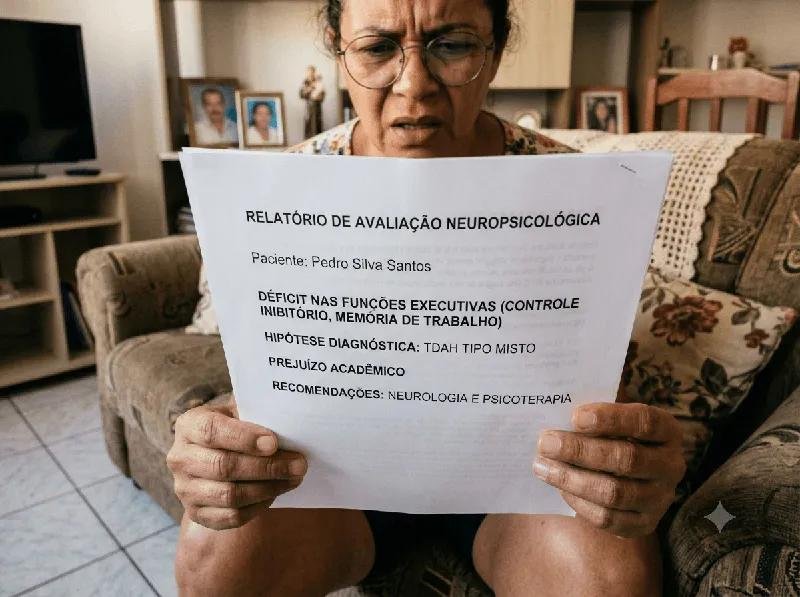 Mão de profissional assinando ou analisando um laudo técnico detalhado sobre uma mesa com gráficos